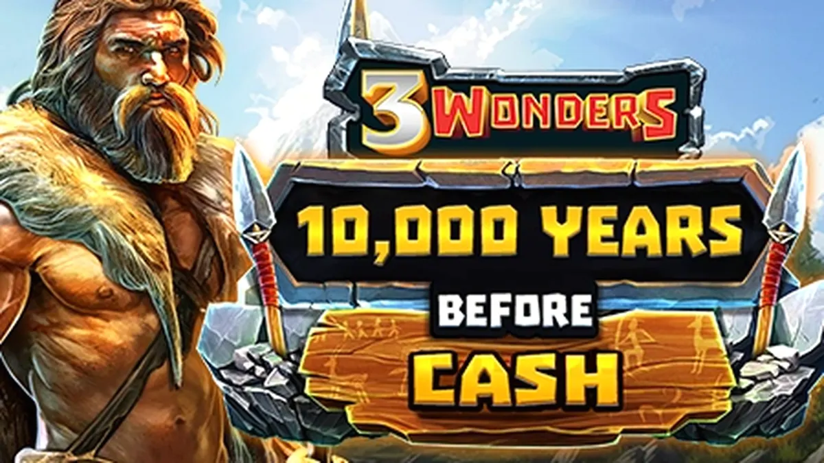 Captura de tela do jogo 10.000 Anos Antes do Dinheiro, mostrando símbolos pré-históricos em estilo pixel art em 5 rolos.