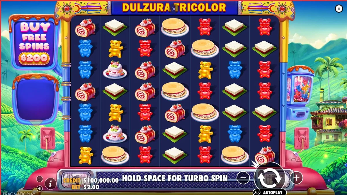 Dulzura Tricolor slot game screen featuring colorful Colombian sweets and tropical background.