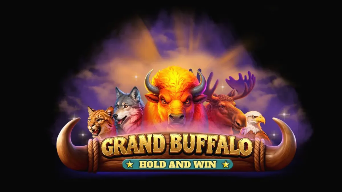 Visual vibrante e rústico do caça-níqueis Grand Buffalo Hold & Win com temática de Oeste Selvagem